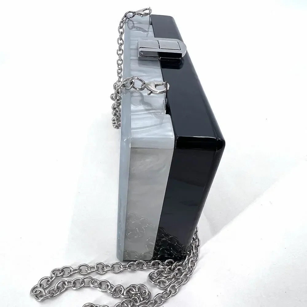 Kate Landry Silver & Black Pearly Lucite Box Clutch Cross Body Evening Handbag